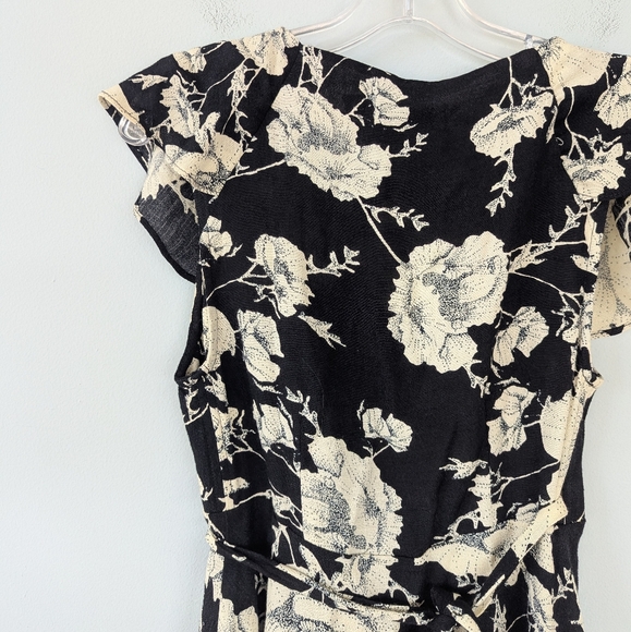 Free People XS Black & Cream Floral Print Flutter Sleeve Mini Wrap Dress - Picture 11 of 11